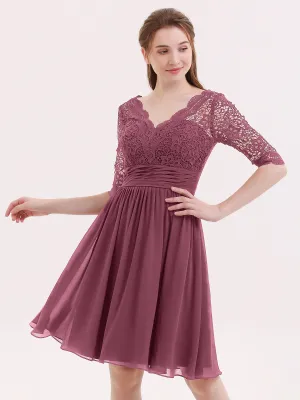 Lace and Chiffon Short Dress with Half Sleeves Mulberry