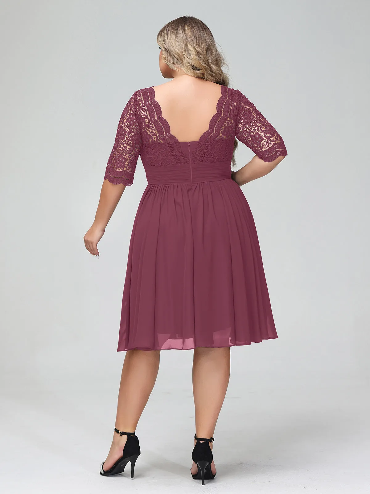 Lace and Chiffon Short Dress with Half Sleeves Mulberry