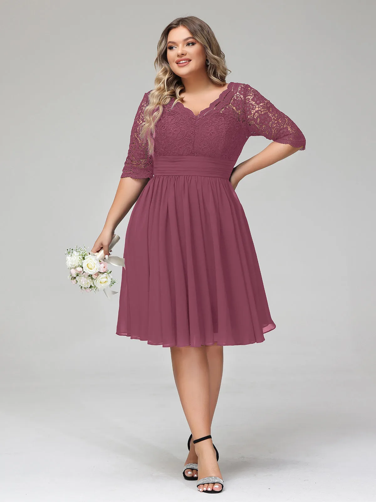 Lace and Chiffon Short Dress with Half Sleeves Mulberry