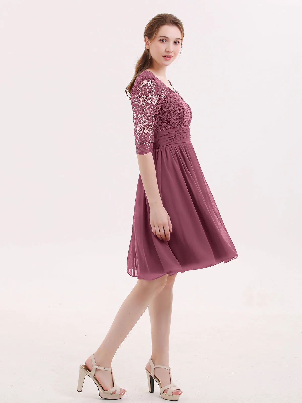 Lace and Chiffon Short Dress with Half Sleeves Mulberry