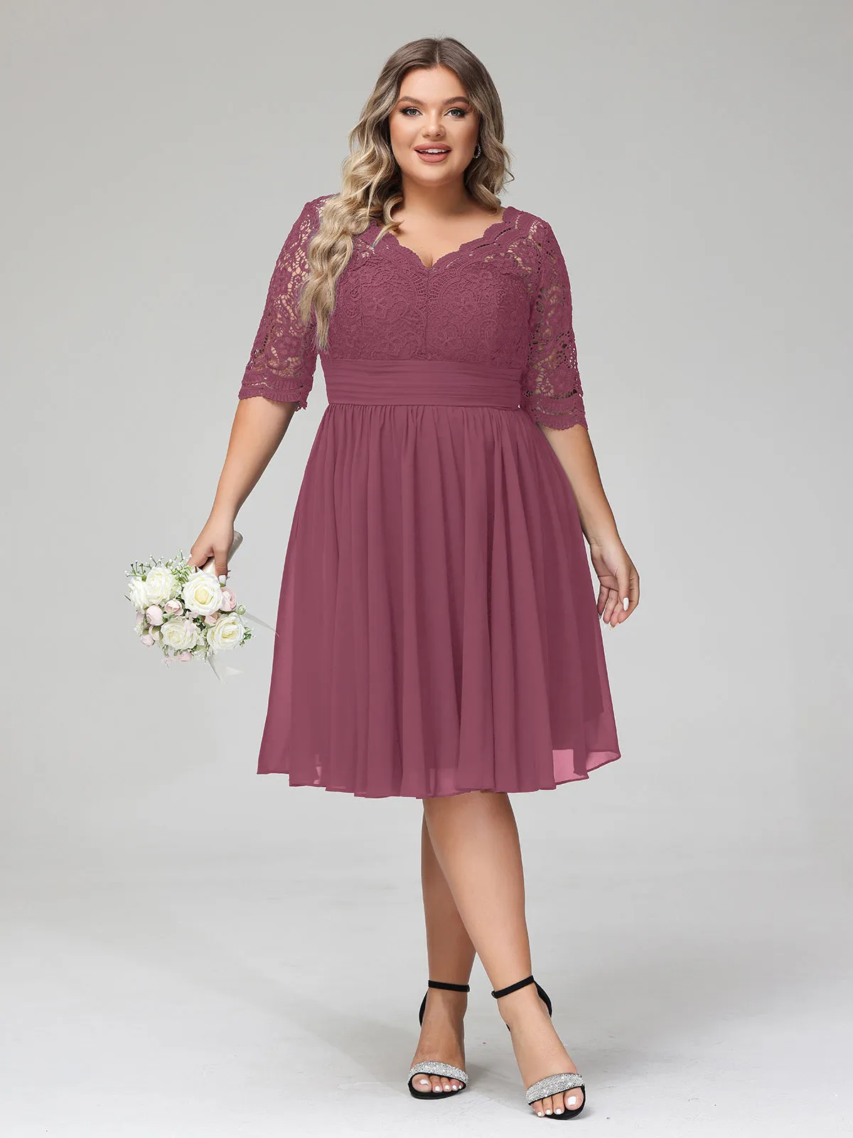 Lace and Chiffon Short Dress with Half Sleeves Mulberry