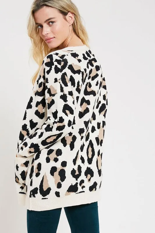 LEOPARD PRINT SWEATER CARDIGAN - KNIT - OPEN-FRONT - POCKETS