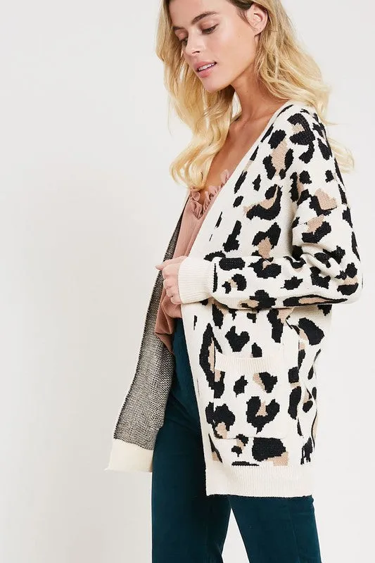 LEOPARD PRINT SWEATER CARDIGAN - KNIT - OPEN-FRONT - POCKETS