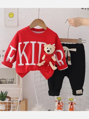 Little Surprise Box Bright Red Kids Teddy Soft Toy 2 Pcs Track Suit Set For Toddlers And Kids