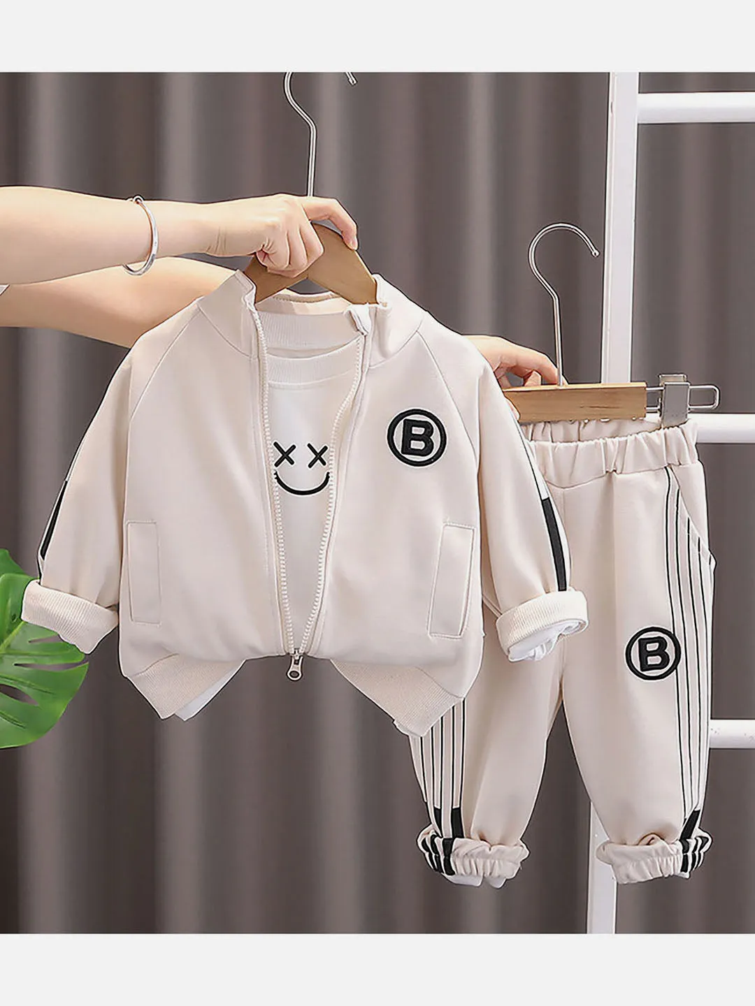 Little Surprise Box Cream & Black Letter B Monogram 3 Pcs Track Suit Set For Toddlers And Kids