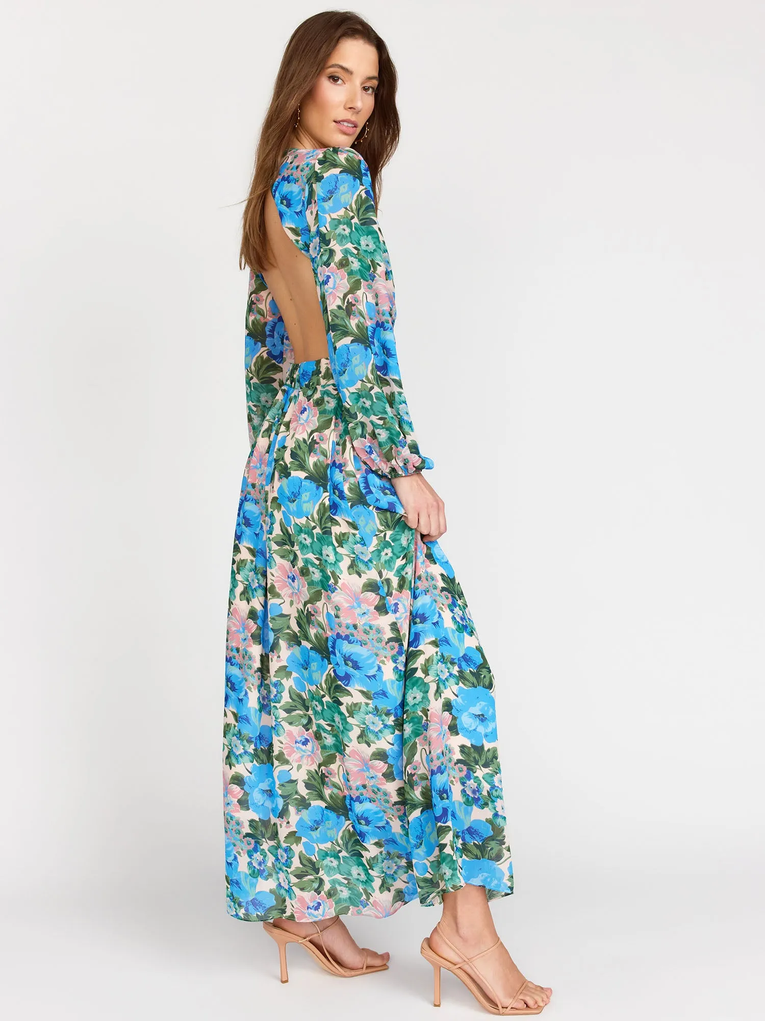 Long-Sleeve Open Back Floral Maxi Dress - Lush