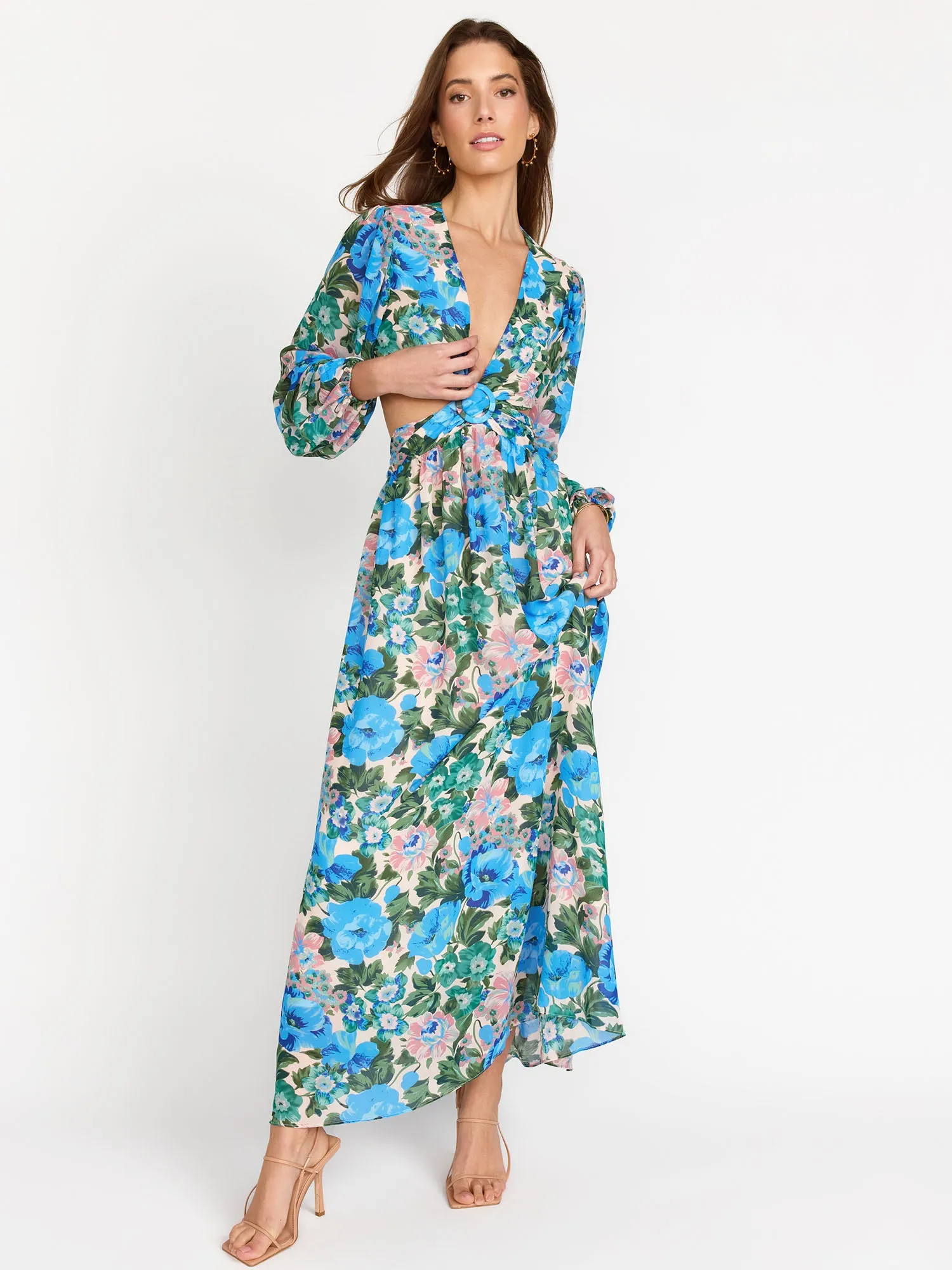 Long-Sleeve Open Back Floral Maxi Dress - Lush