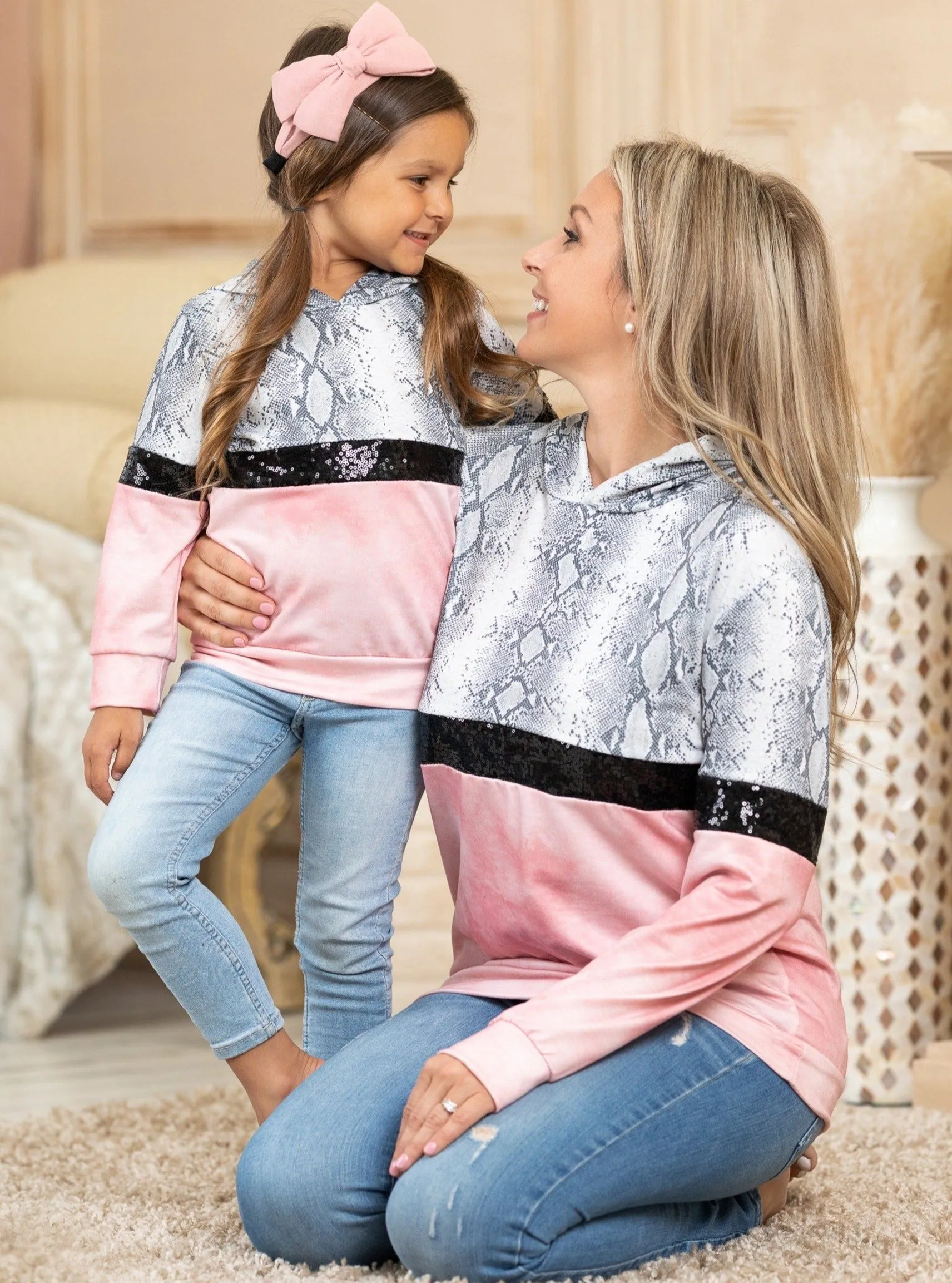 Mommy and Me Snakeskin Sparkle Hoodie Sweater