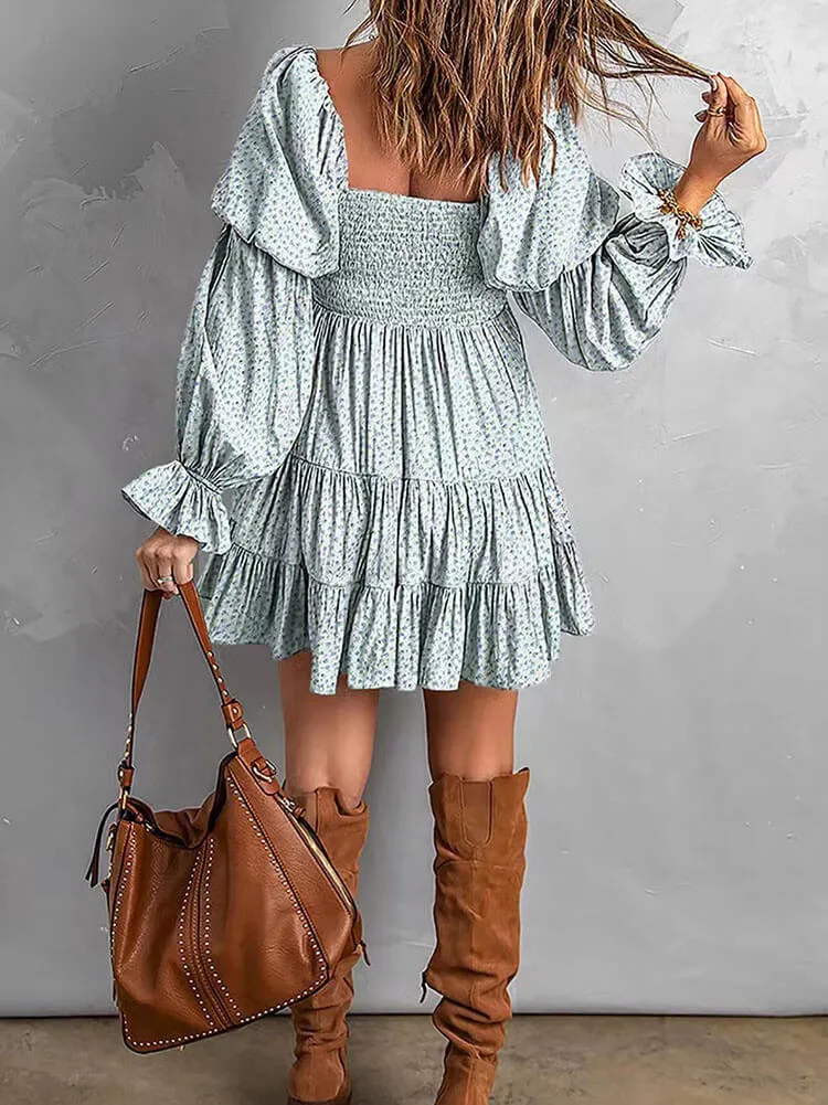 Off Shoulder Long Sleeves Ruffle Hem Mini Dresses