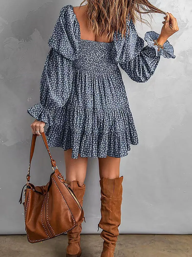 Off Shoulder Long Sleeves Ruffle Hem Mini Dresses