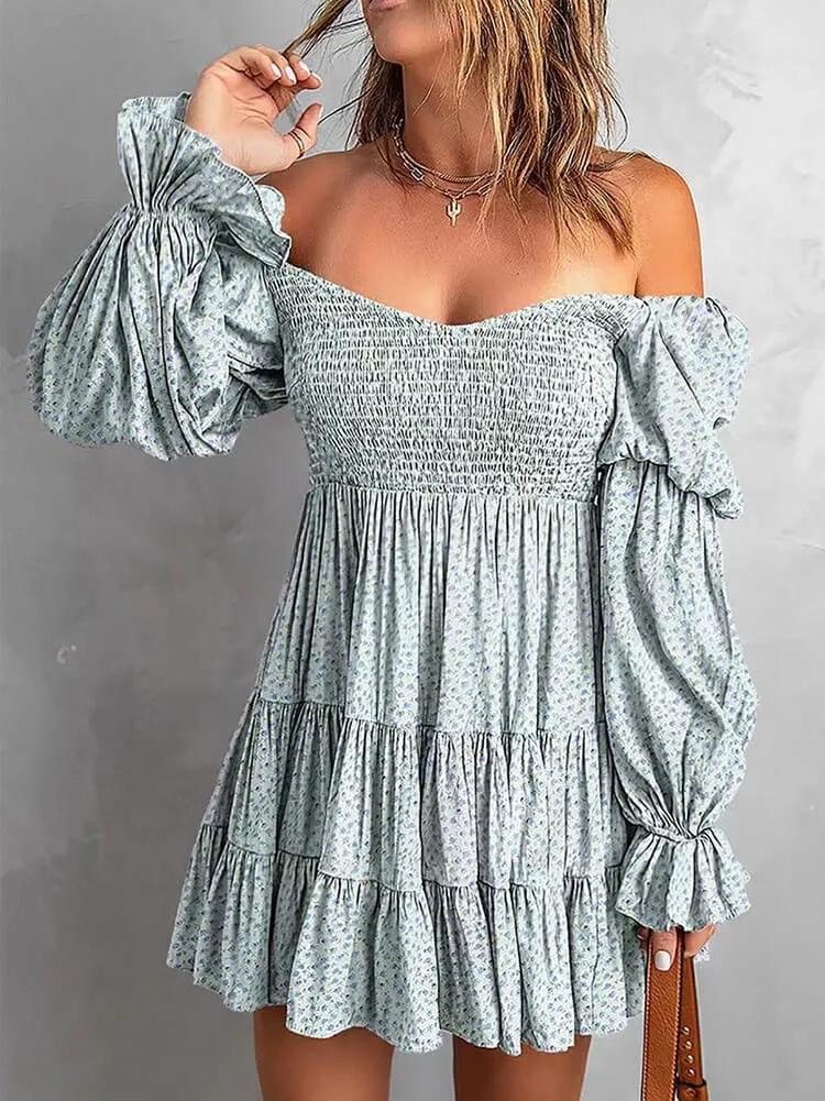 Off Shoulder Long Sleeves Ruffle Hem Mini Dresses