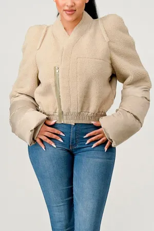 Plush Puff Sleeve Bomber Jacket