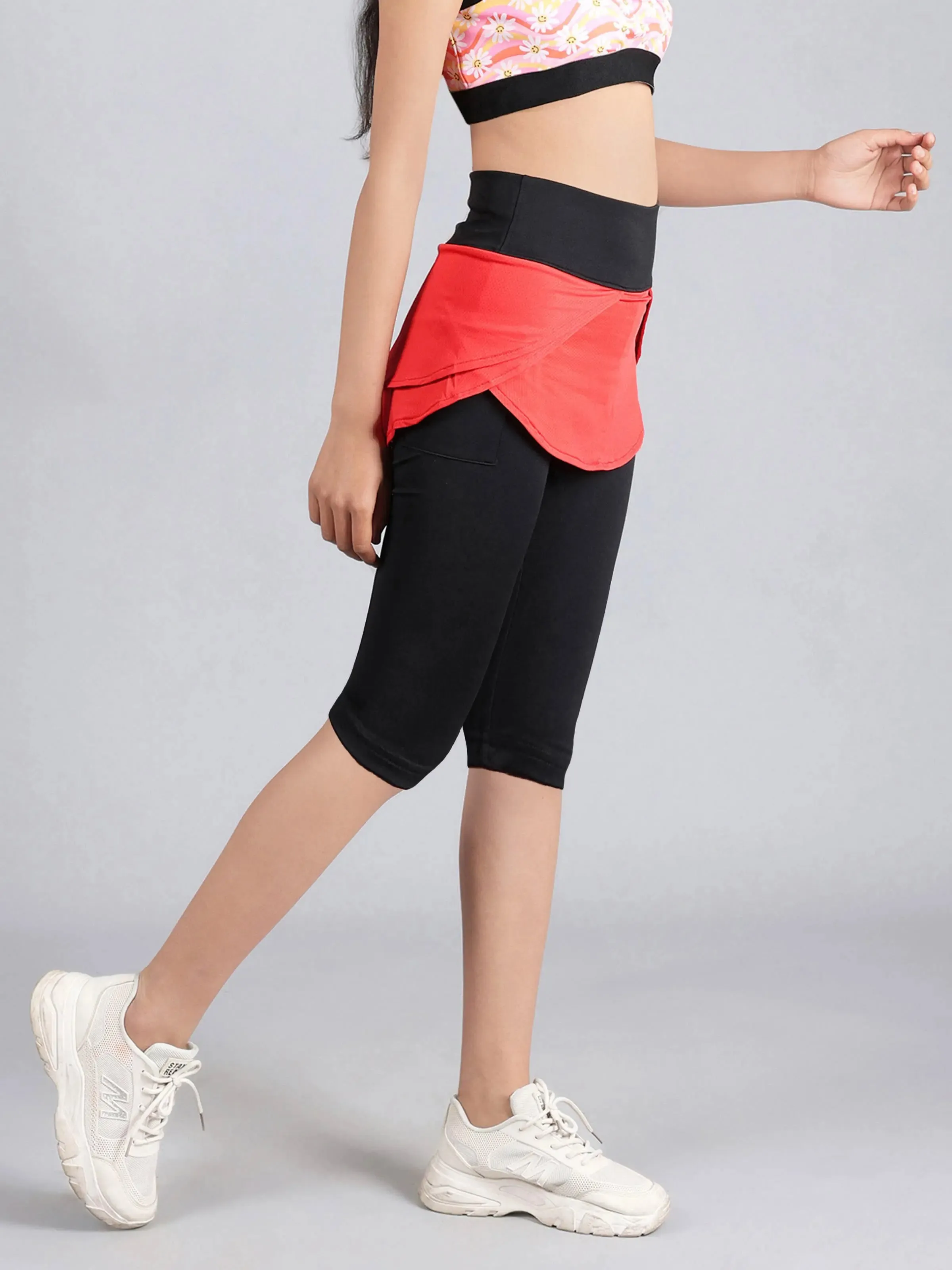 Red High Waist Capri With Attached Skirts & Pocket