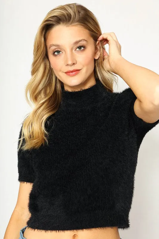 Soft & Fuzzy Short Sleeve Mock Turtleneck Sweater in Black