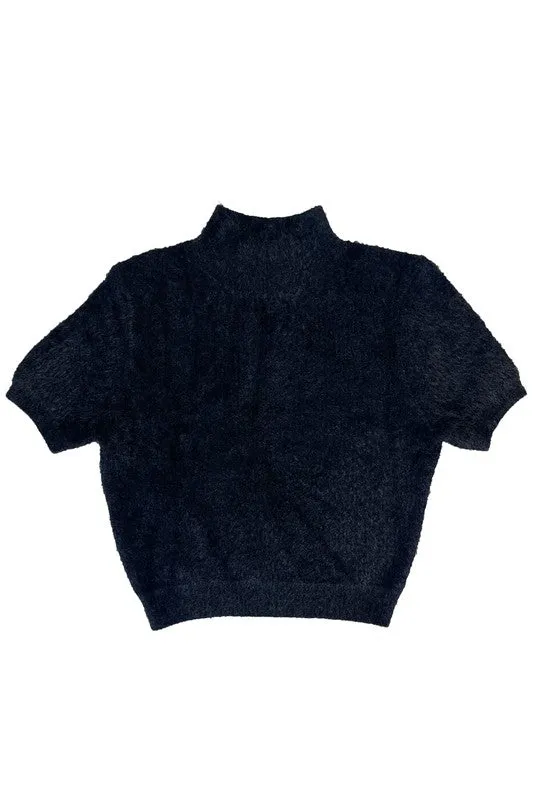 Soft & Fuzzy Short Sleeve Mock Turtleneck Sweater in Black