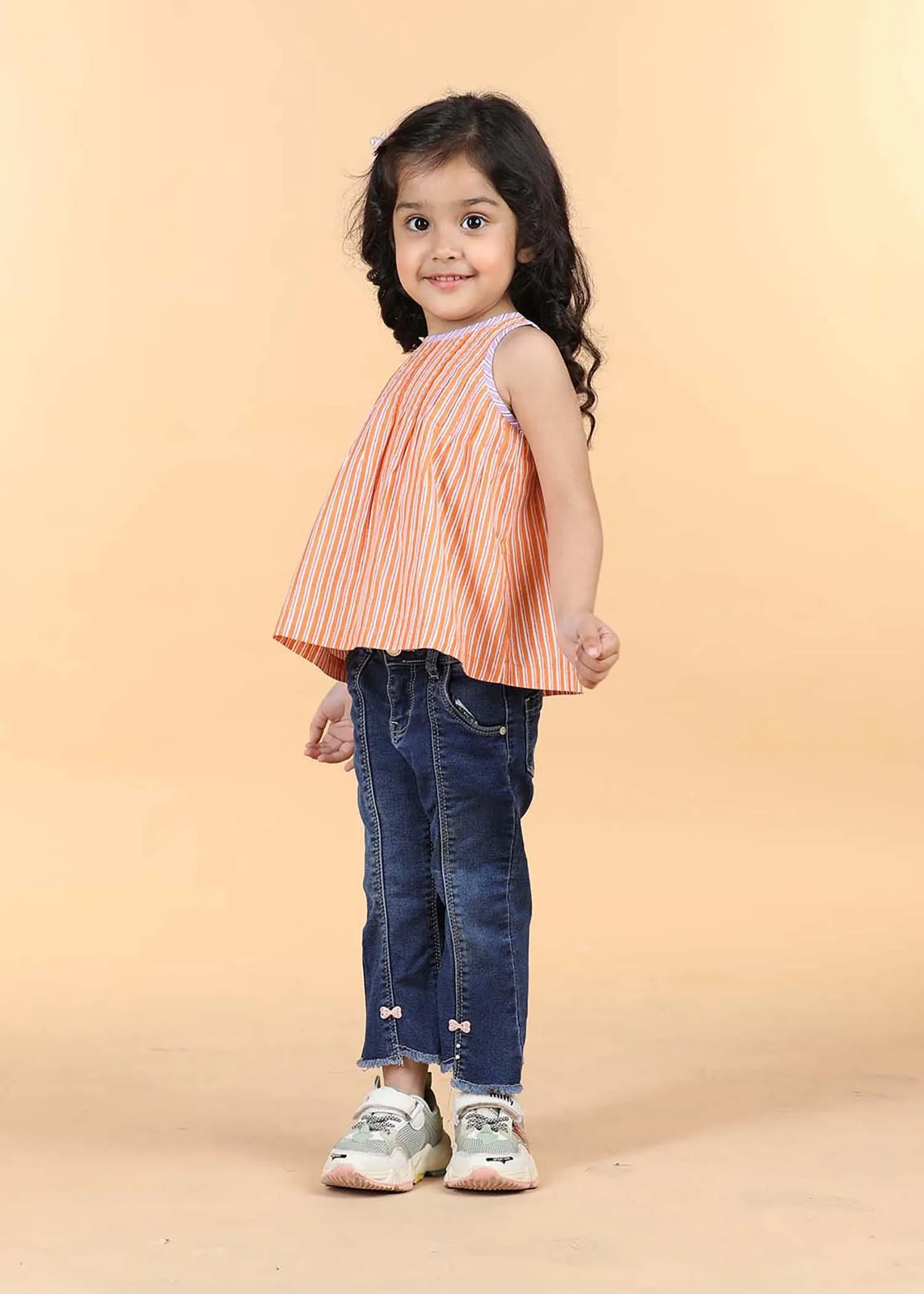 Stripe Orange Cotton Aashi Top Girls (6 Months-12 Years)