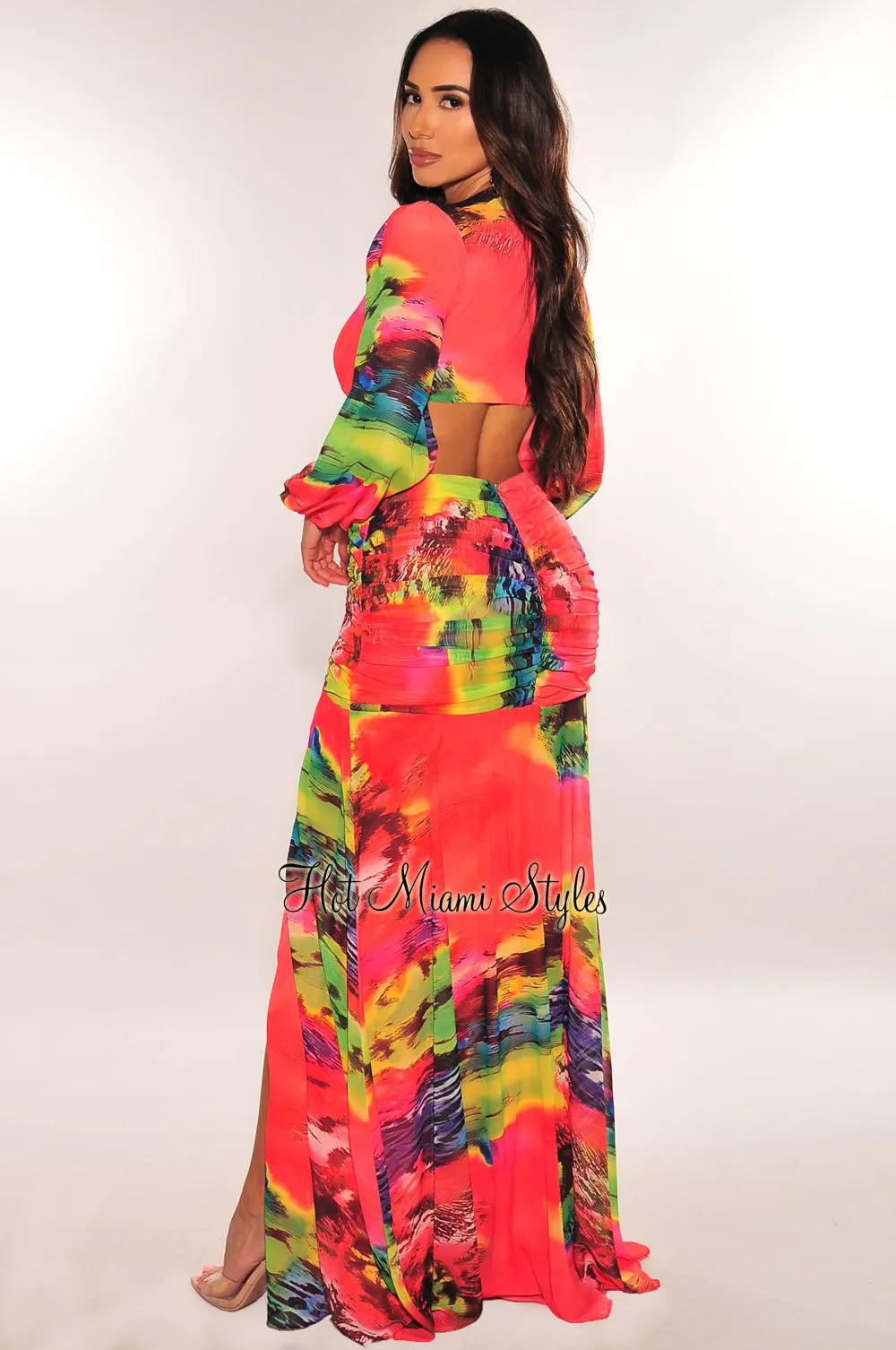 Sunset Palm Multi Color Long Sleeve Cut Out Rhinestone O Ring Ruched Drape Slit Maxi Dress