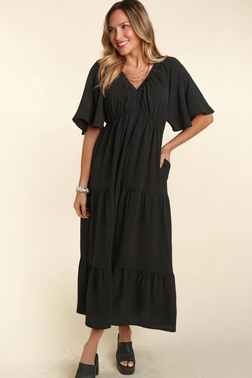 The Brunch Dress - Tiered Babydoll Maxi Dress - Black