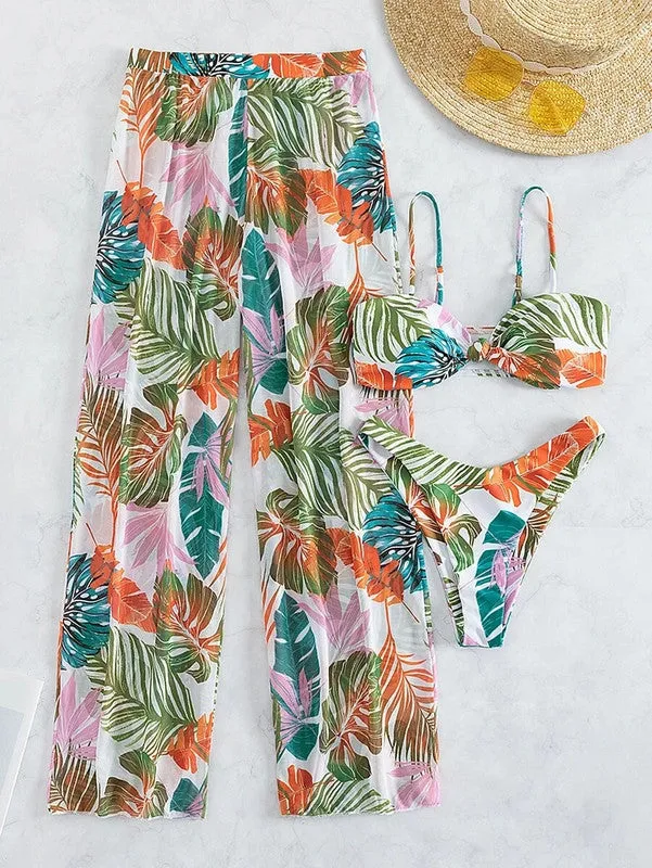 Tropical print bikini swimsuit with cover up pants Multicolor