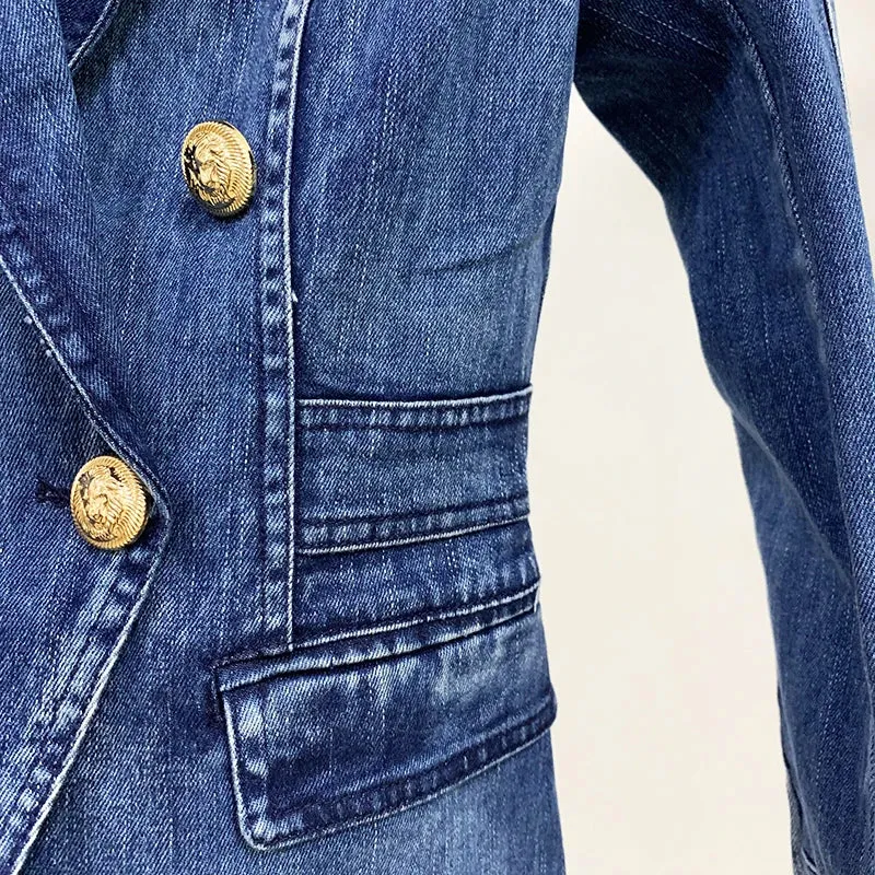 Uniwim HIGH STREET New Fashion 2024 Designer Blazer Jacket Women's Metal Lion Buttons Double Breasted Denim Blazer Outer Coat