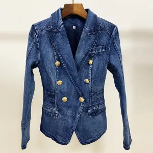 Uniwim HIGH STREET New Fashion 2024 Designer Blazer Jacket Women's Metal Lion Buttons Double Breasted Denim Blazer Outer Coat