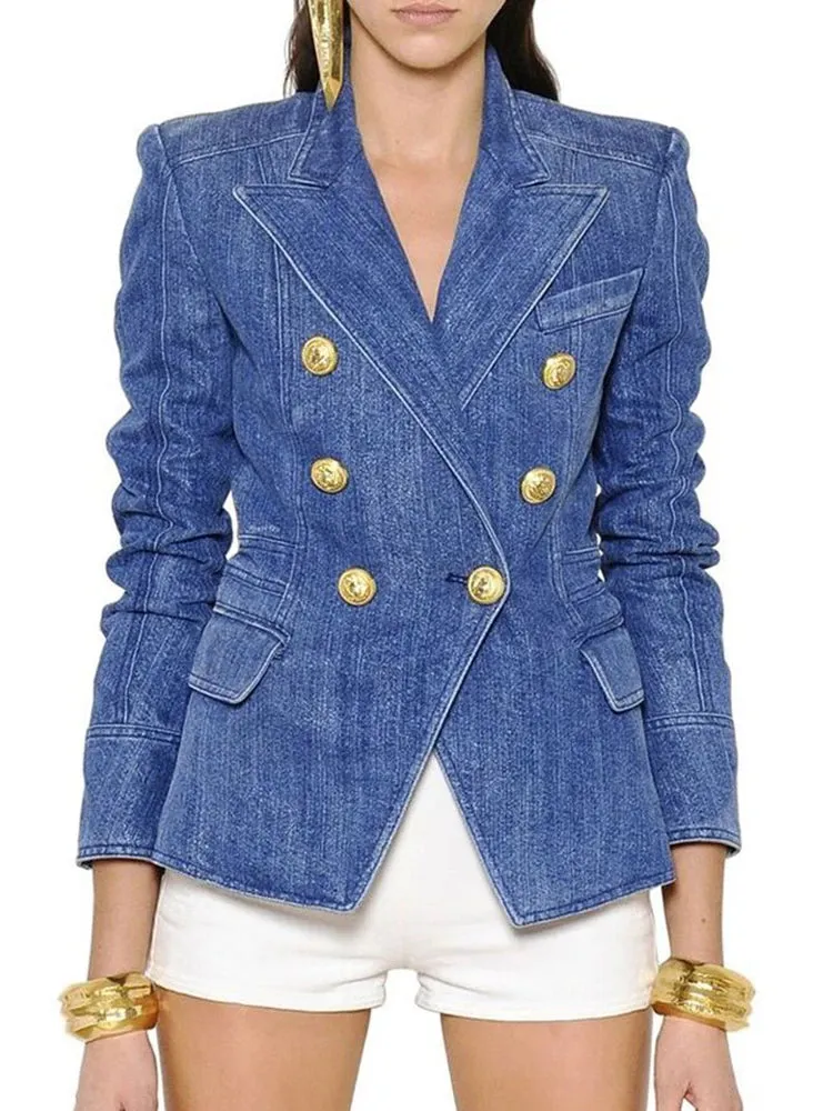 Uniwim HIGH STREET New Fashion 2024 Designer Blazer Jacket Women's Metal Lion Buttons Double Breasted Denim Blazer Outer Coat