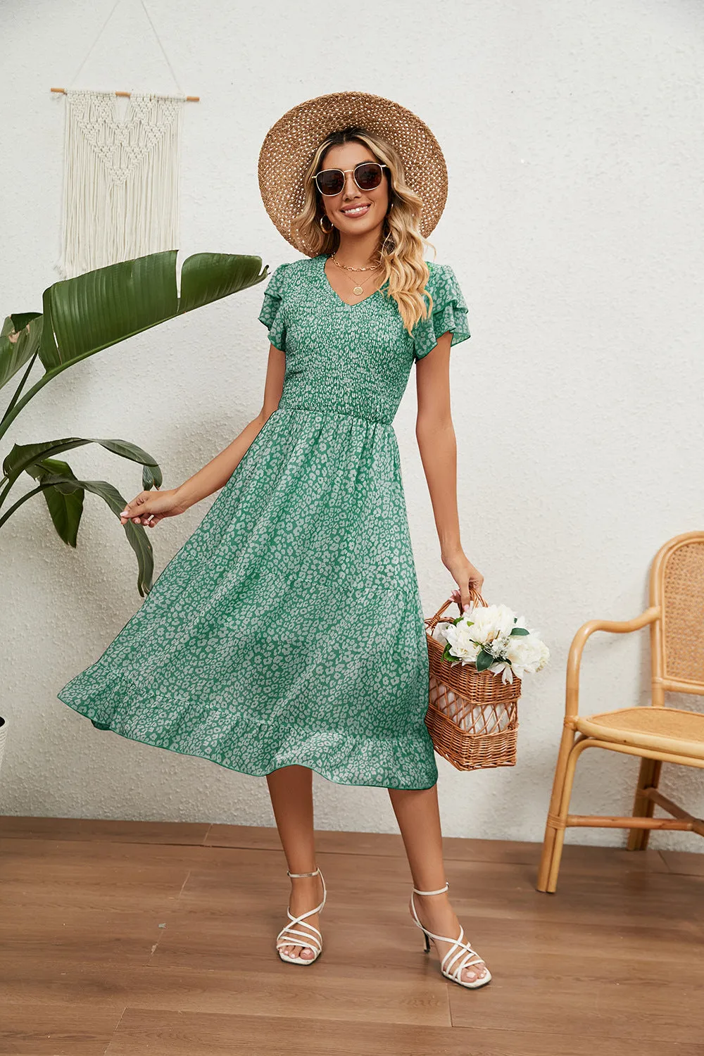 V-Neck Short Sleeve Printed Chiffon Flowy Dress Wholesale Dresses