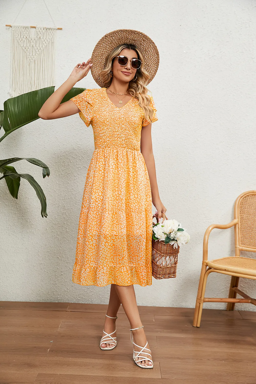 V-Neck Short Sleeve Printed Chiffon Flowy Dress Wholesale Dresses