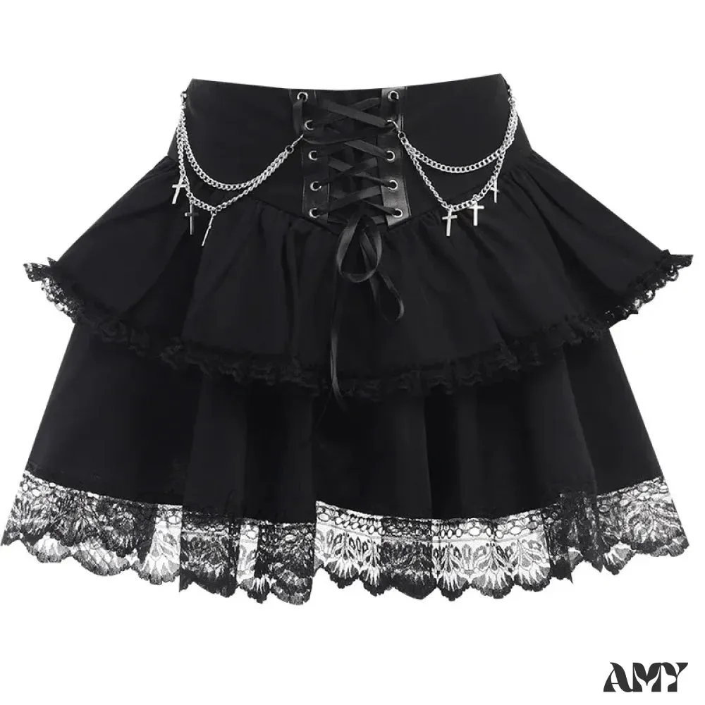 Waist Women Charming Sexy Fairycore Mini Folds Drawstring Ruffle Patchwork Irregular High Gothic Black Skirt