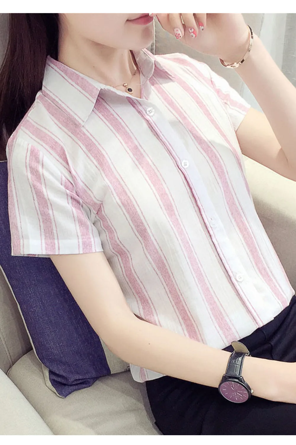 Women Breathable Short Sleeve Button Closure Stripe Pattern Shirt - WSB95426