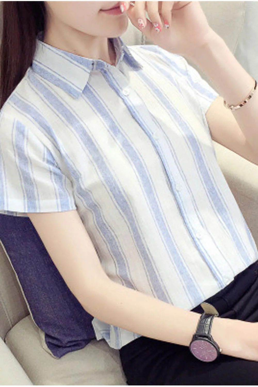 Women Breathable Short Sleeve Button Closure Stripe Pattern Shirt - WSB95426