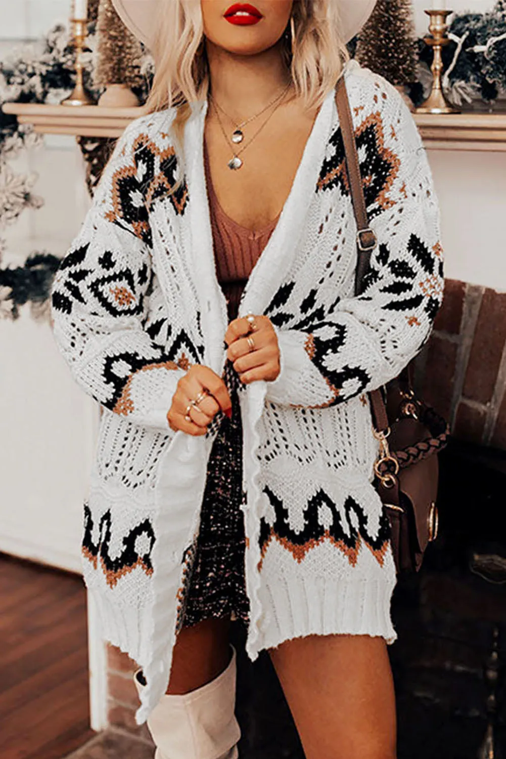 Women Tribal Pattern Eyelet Relaxed Knit Long Sleeve Cardigan