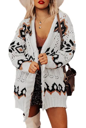 Women Tribal Pattern Eyelet Relaxed Knit Long Sleeve Cardigan