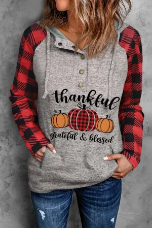 Women's Thanksgiving Pumpkin Plaid Hoodie Shift Casual Button Up Sweatshirt