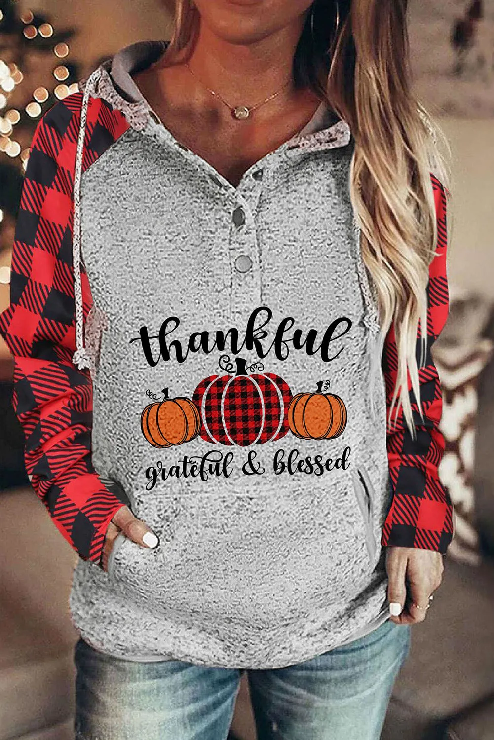 Women's Thanksgiving Pumpkin Plaid Hoodie Shift Casual Button Up Sweatshirt